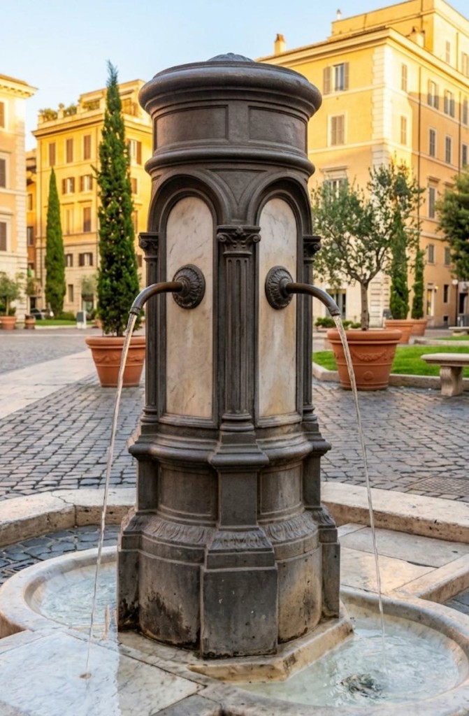 A Nasone public drinking fountain on a Roman cobblestone street