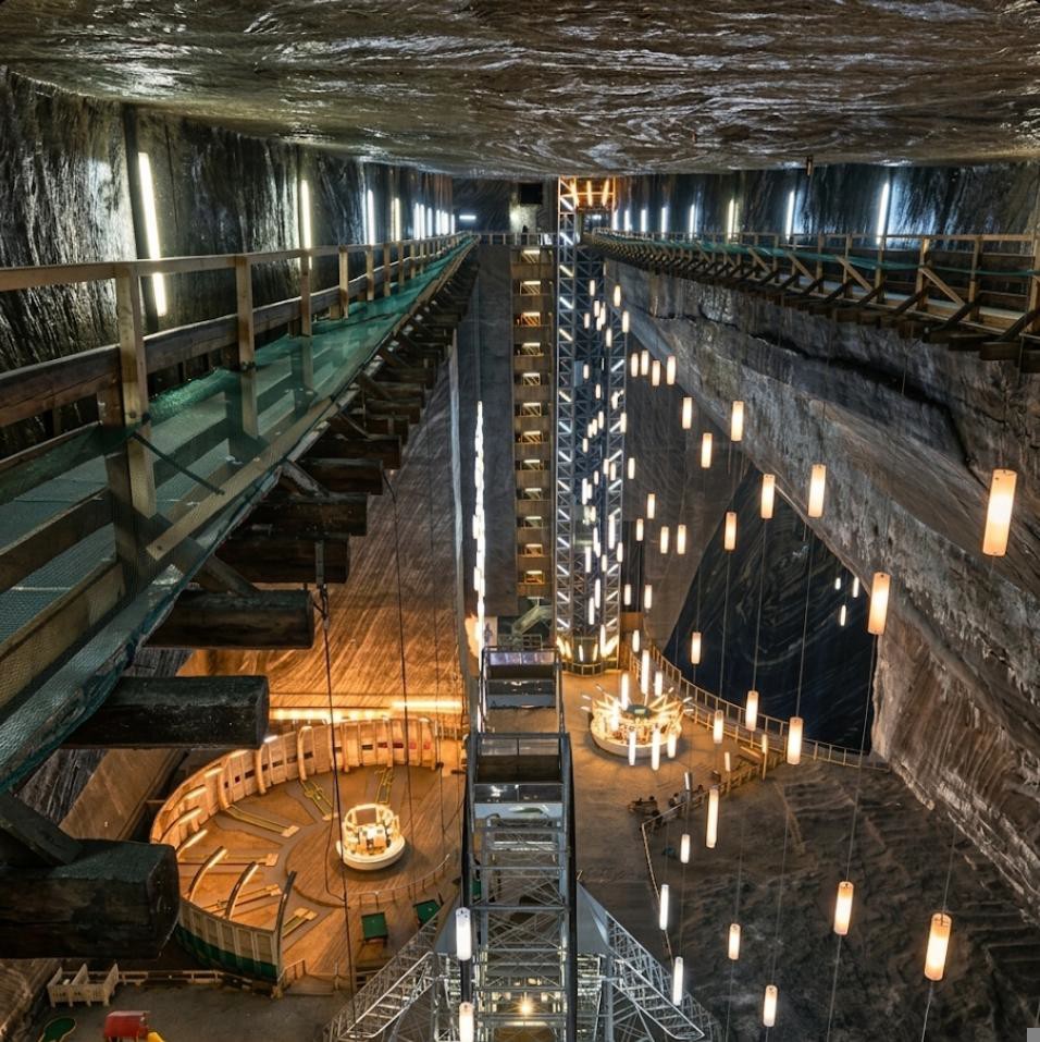 The Rudolf Mine main hall at Salina Turda, with tiered walkways and suspended light columns